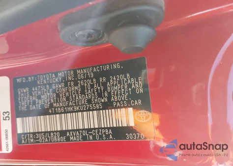 2019 Toyota Camry Xse from USA, damaged, VIN 4T1B61HK9KU275585